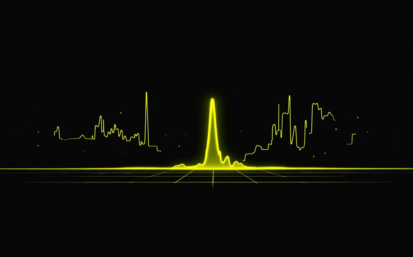 A dark launch-style illustration of a single bright lime pulse spiking from a quiet flat baseline on a cool near-black ground